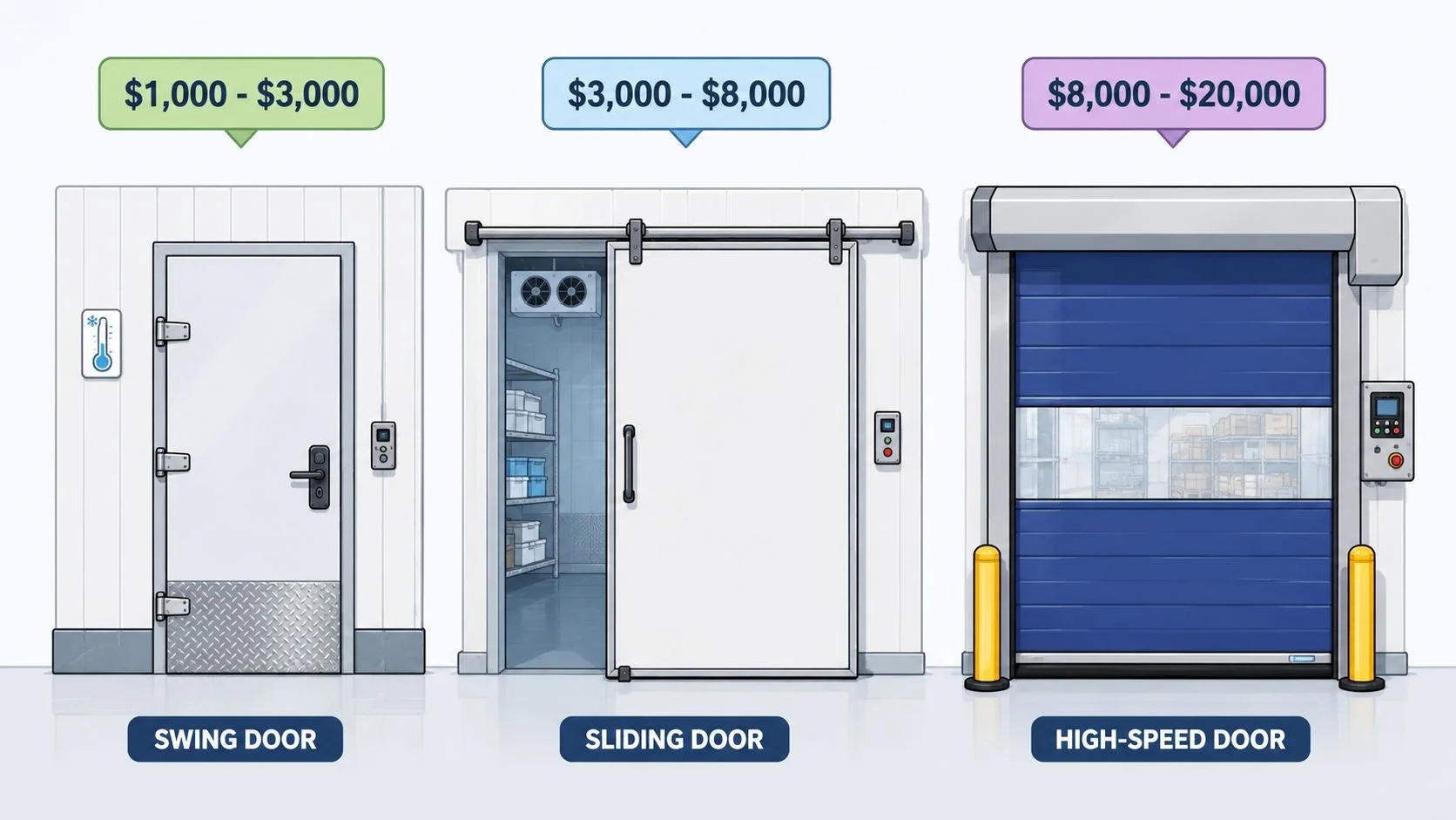 A comparison chart showing three types of cold storage doors with their respective price ranges.