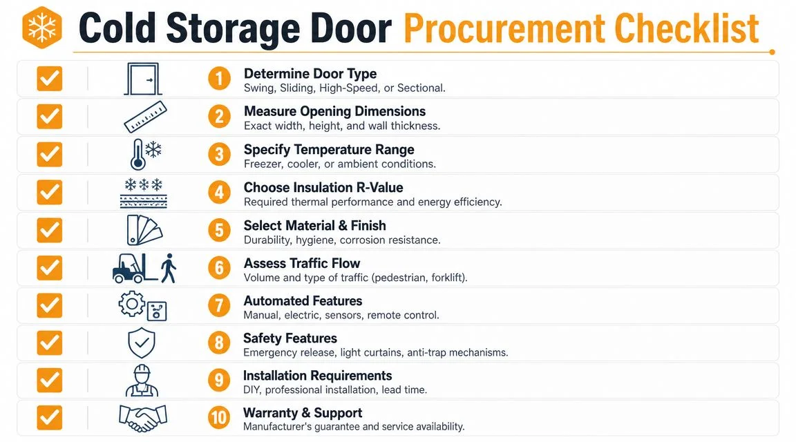 A ten-step checklist infographic for procuring cold storage doors, outlining essential considerations like type, dimensions, and safety.