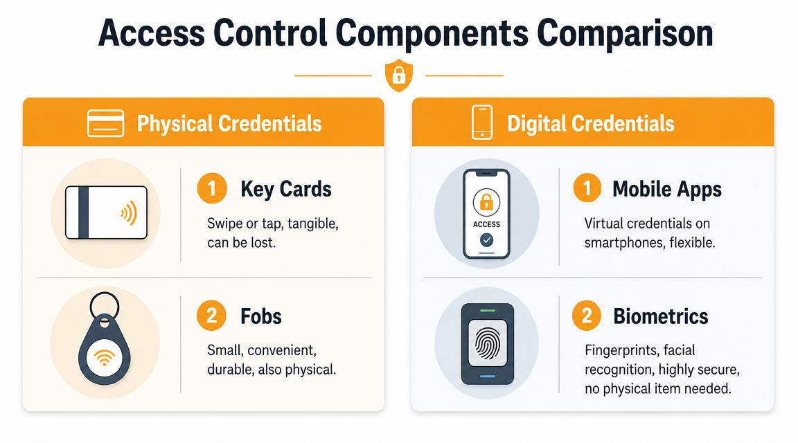 A comparison chart showing physical access credentials like key cards and fobs versus digital credentials like mobile apps and biometrics.
