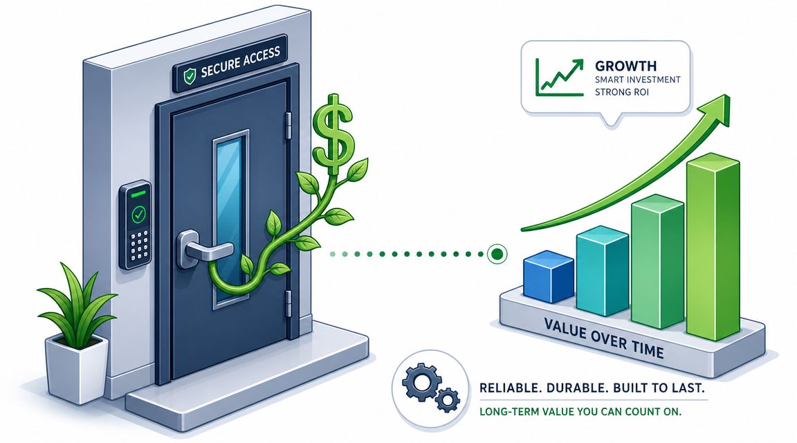 A secure door icon connected to a bar chart showing business growth and long-term financial value.