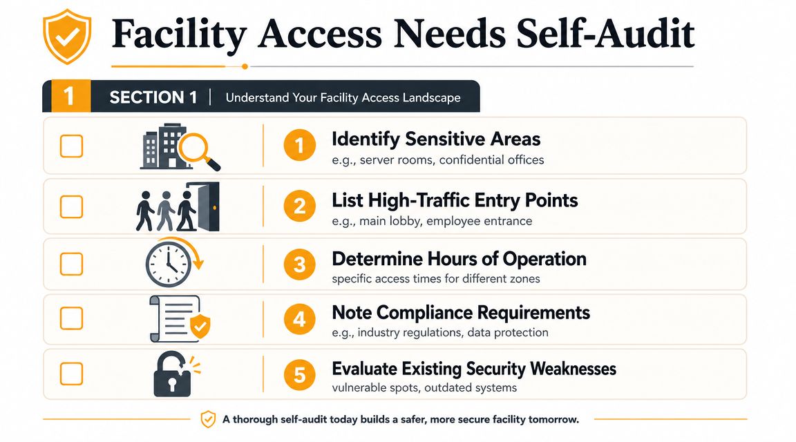 A checklist titled Facility Access Needs Self-Audit outlining five steps to improve security for professional buildings.