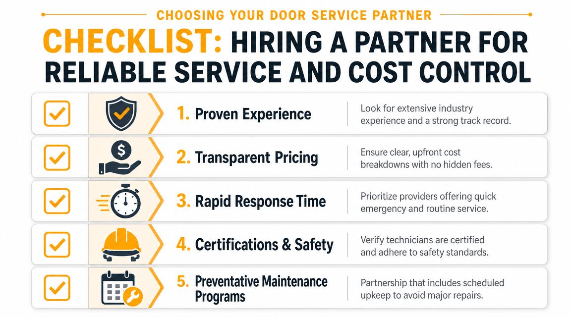 A checklist for choosing a professional door service partner, emphasizing reliability, pricing, response, safety, and maintenance.