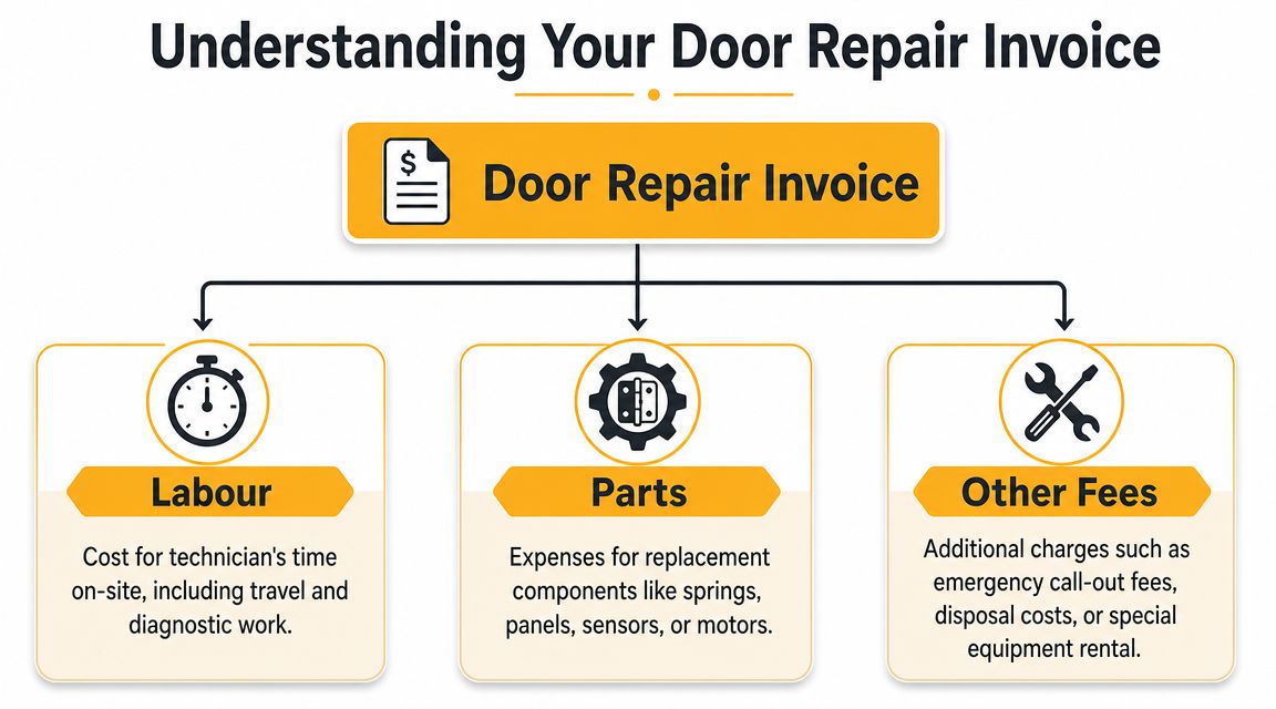 An infographic titled Understanding Your Door Repair Invoice, detailing costs for labour, parts, and other service fees.