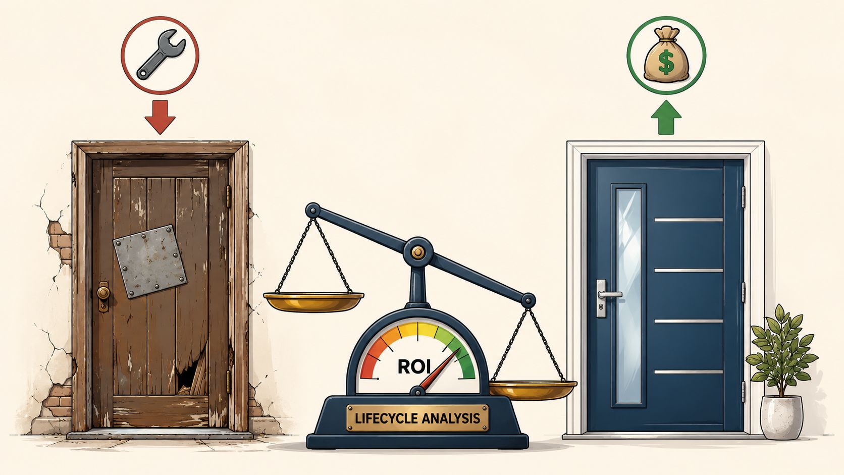 A visual comparison showing a damaged wooden door needing repair versus a new blue door indicating financial return.