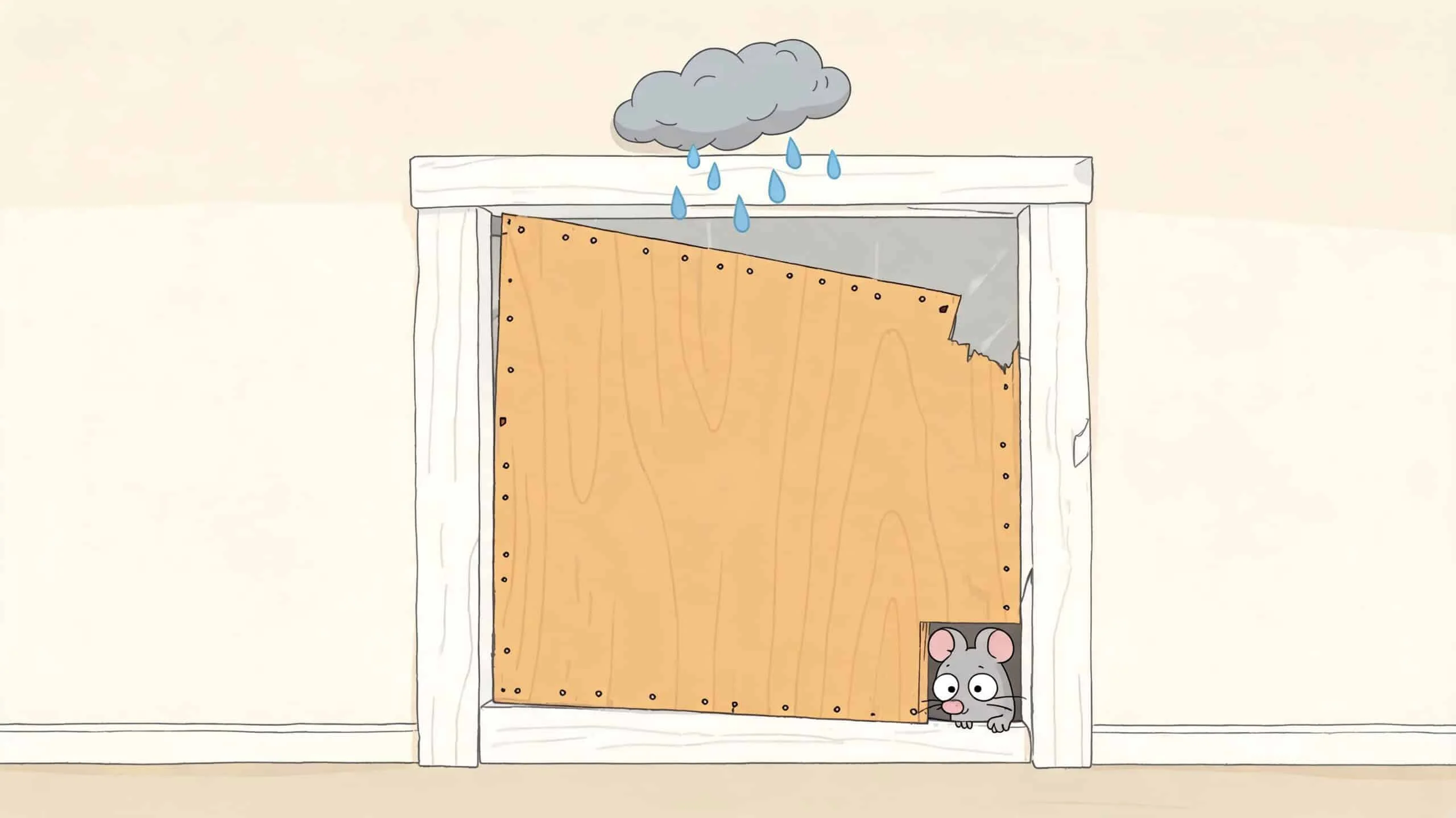 A cartoon mouse peeking out from a small hole in a wooden board covering a broken door.