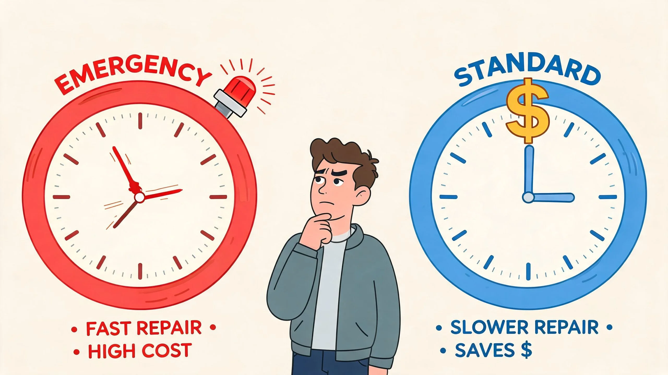 A man deciding between an emergency service with fast repair and a standard service that saves money.