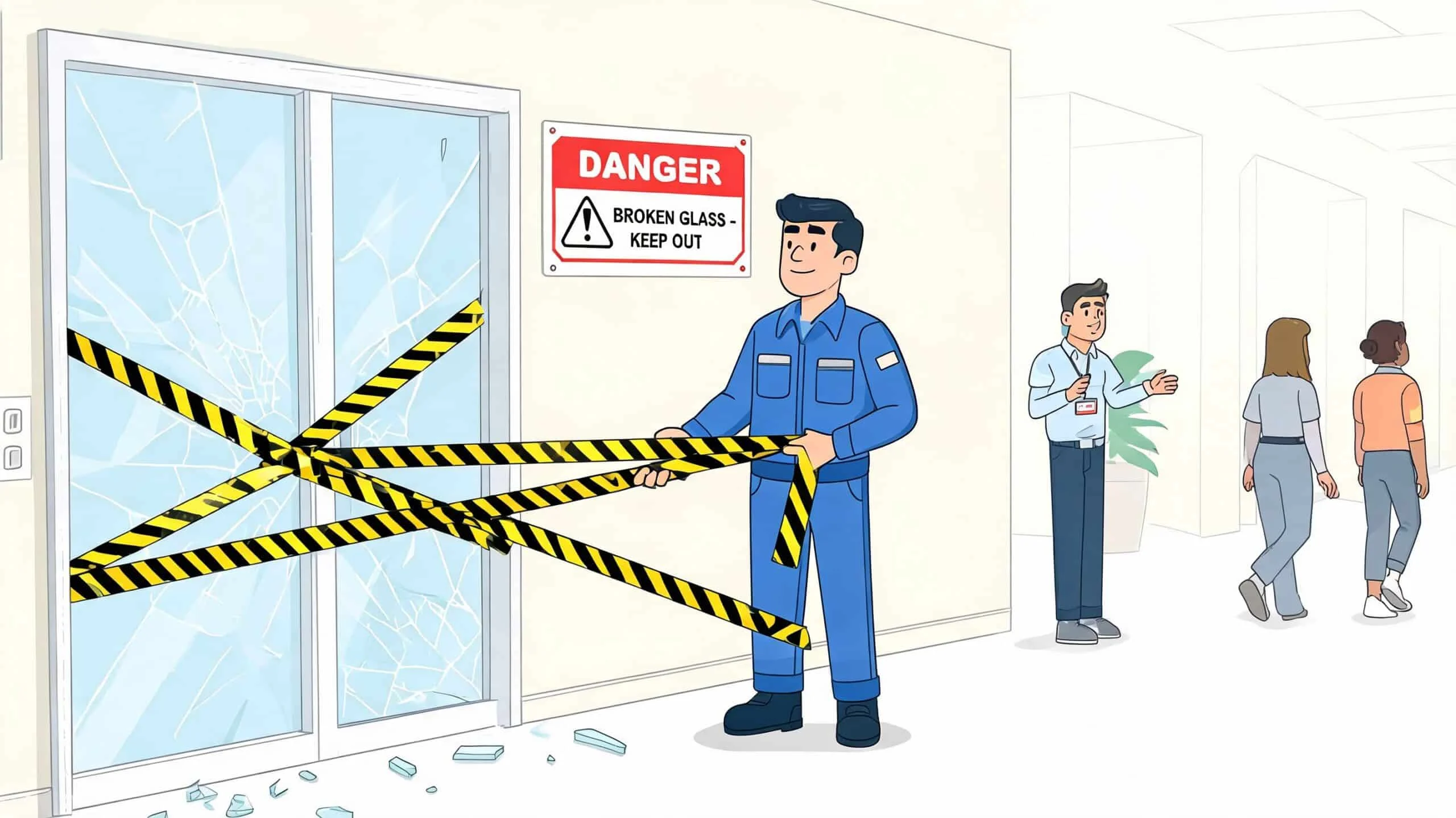 A maintenance worker putting up caution tape across a shattered glass door in an office hallway.