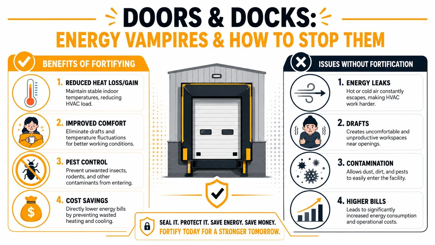 An infographic showing the benefits of door and dock seals for reducing energy costs and improving building efficiency.