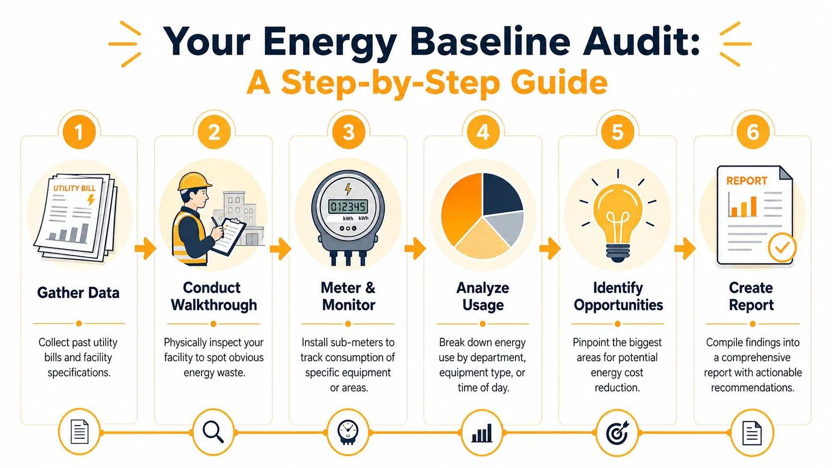 A six-step infographic guide titled Your Energy Baseline Audit for identifying facilities energy cost reduction opportunities.