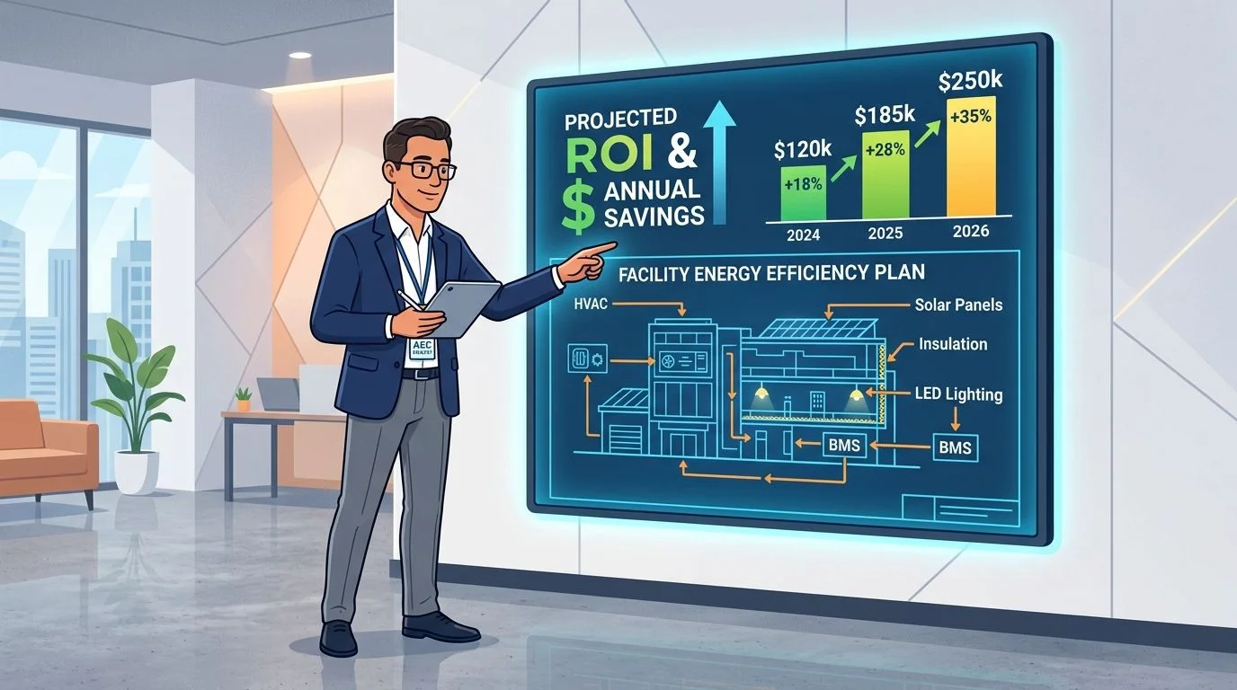 A professional man presenting a digital chart showing projected ROI and facility energy efficiency plan.