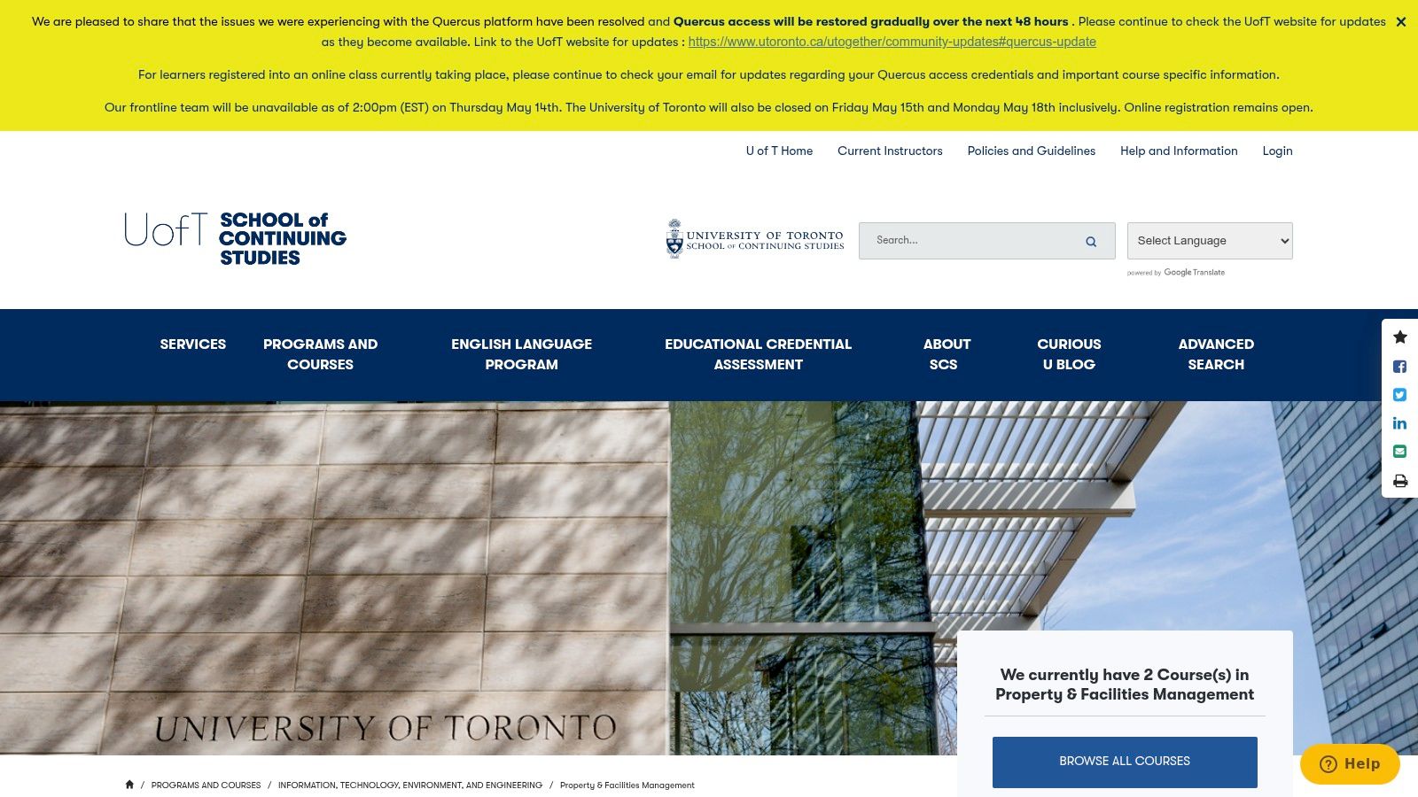 University of Toronto – School of Continuing Studies (Property & Facilities Management)