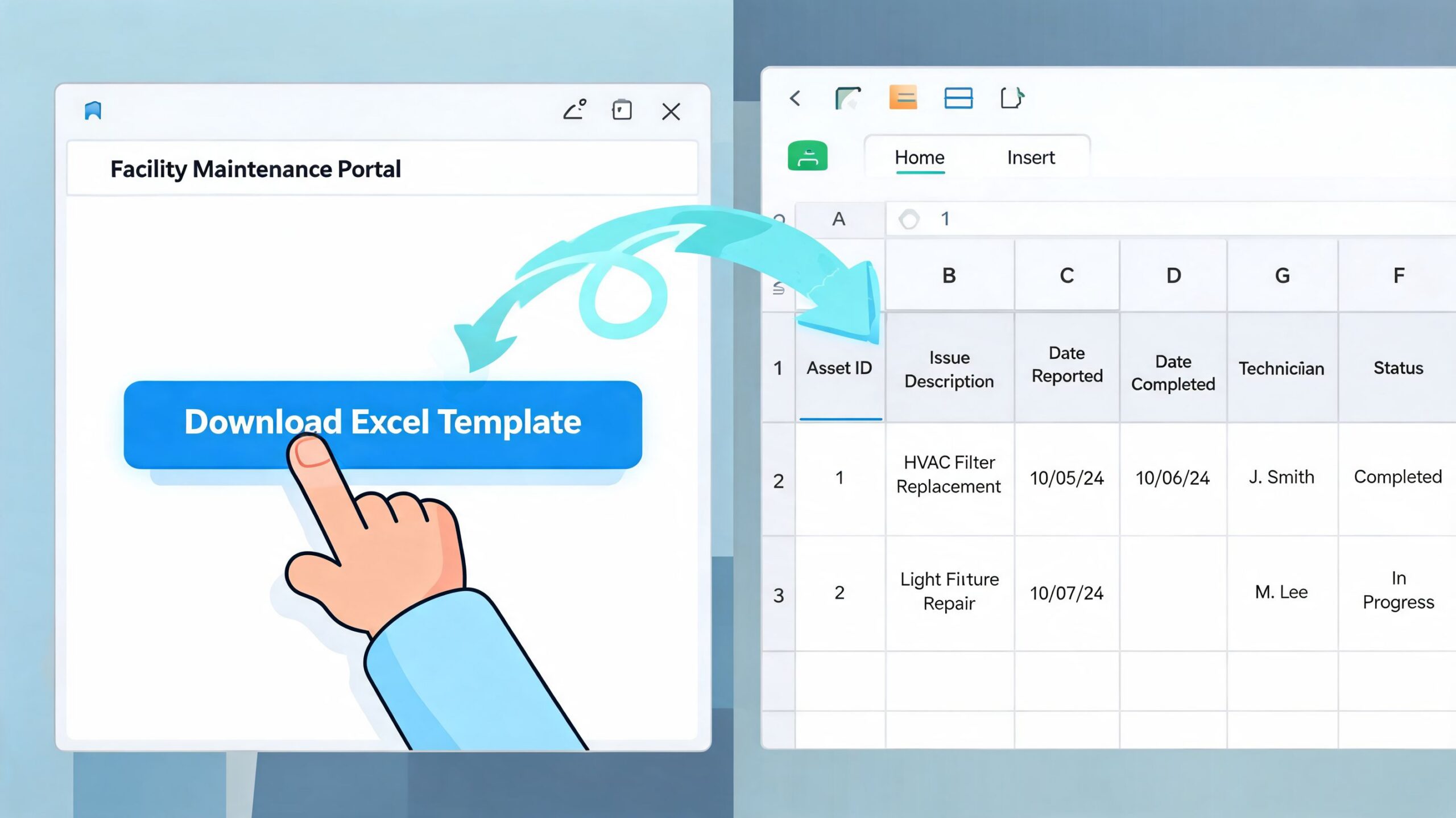 A hand clicking a download button to open a facility maintenance log template in Excel software.