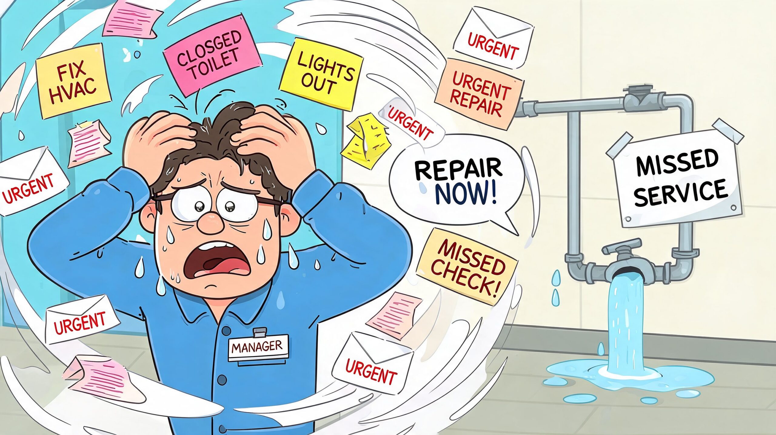 A stressed facility manager overwhelmed by urgent repair requests, maintenance notifications, and a leaking water pipe.