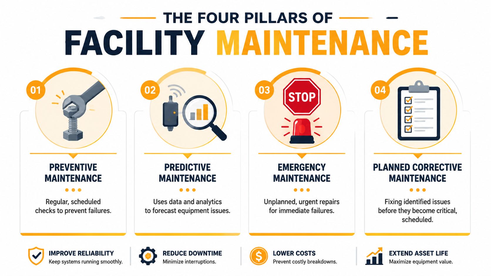 An infographic showing the four pillars of facility maintenance: preventive, predictive, emergency, and planned corrective maintenance.