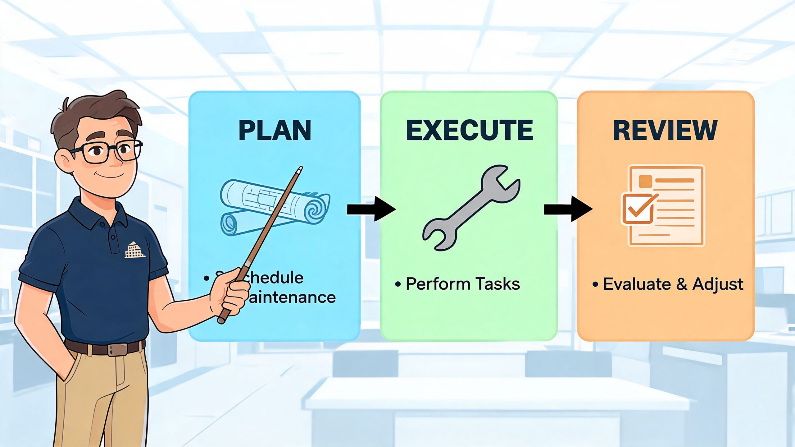 A professional man explaining a three-step facility maintenance services process including plan, execute, and review stages.