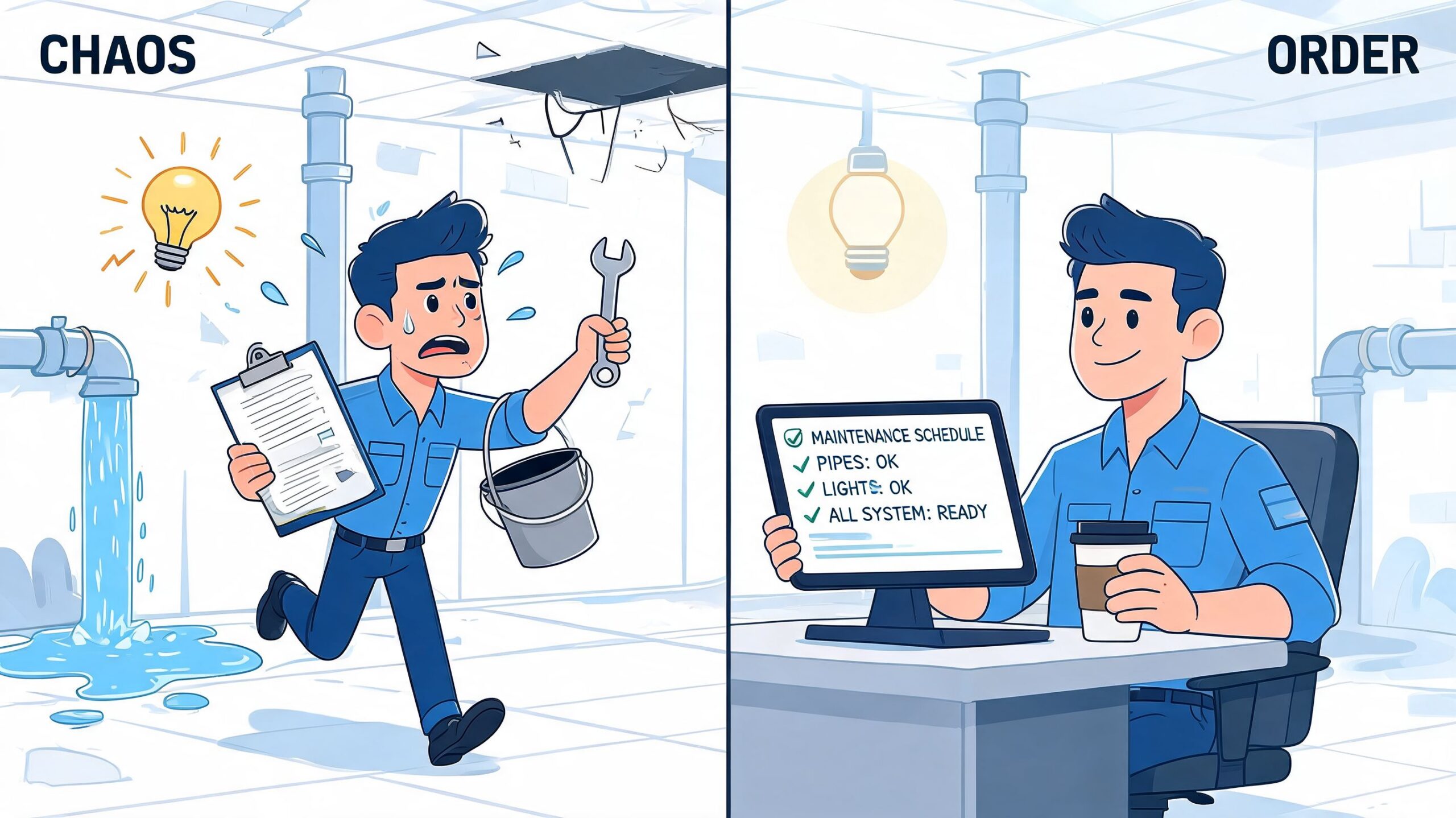 A split screen illustration comparing chaotic reactive facility maintenance with organized proactive maintenance planning.