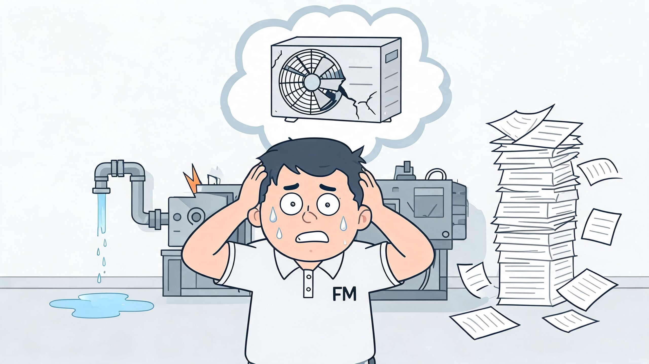A stressed facility manager overwhelmed by equipment breakdowns, water leaks, and a large stack of paperwork.