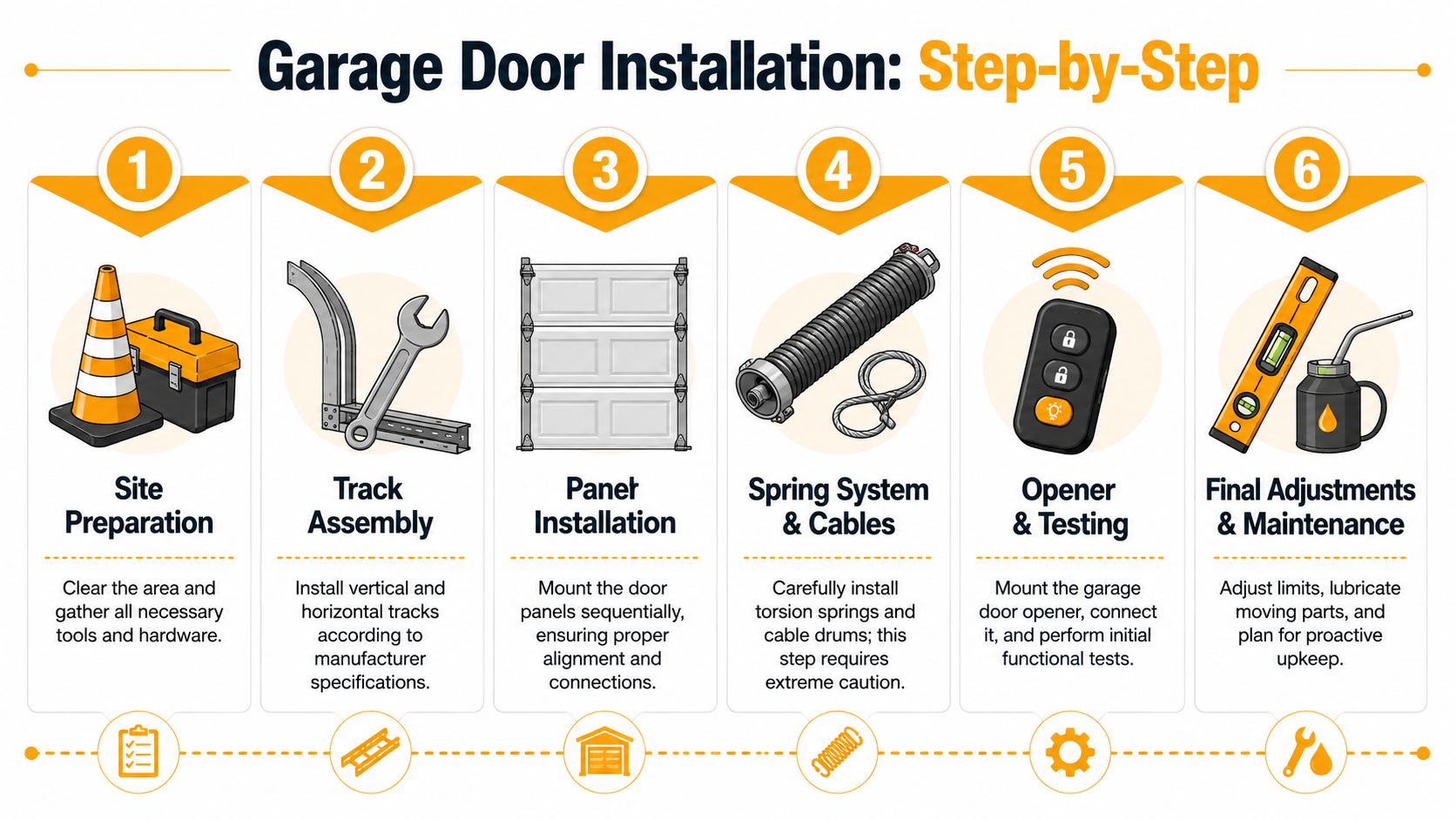 A six-step infographic illustrating the professional garage door installation process from site preparation to final maintenance.