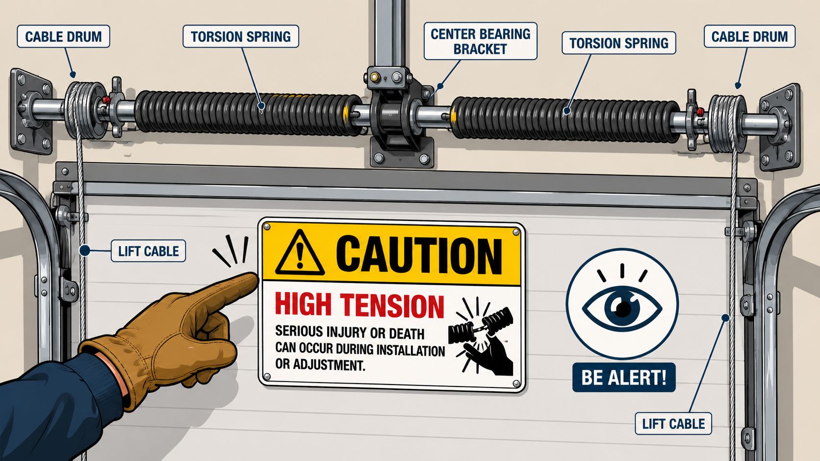 A safety illustration showing garage door torsion springs, lift cables, and a caution sign regarding high tension.