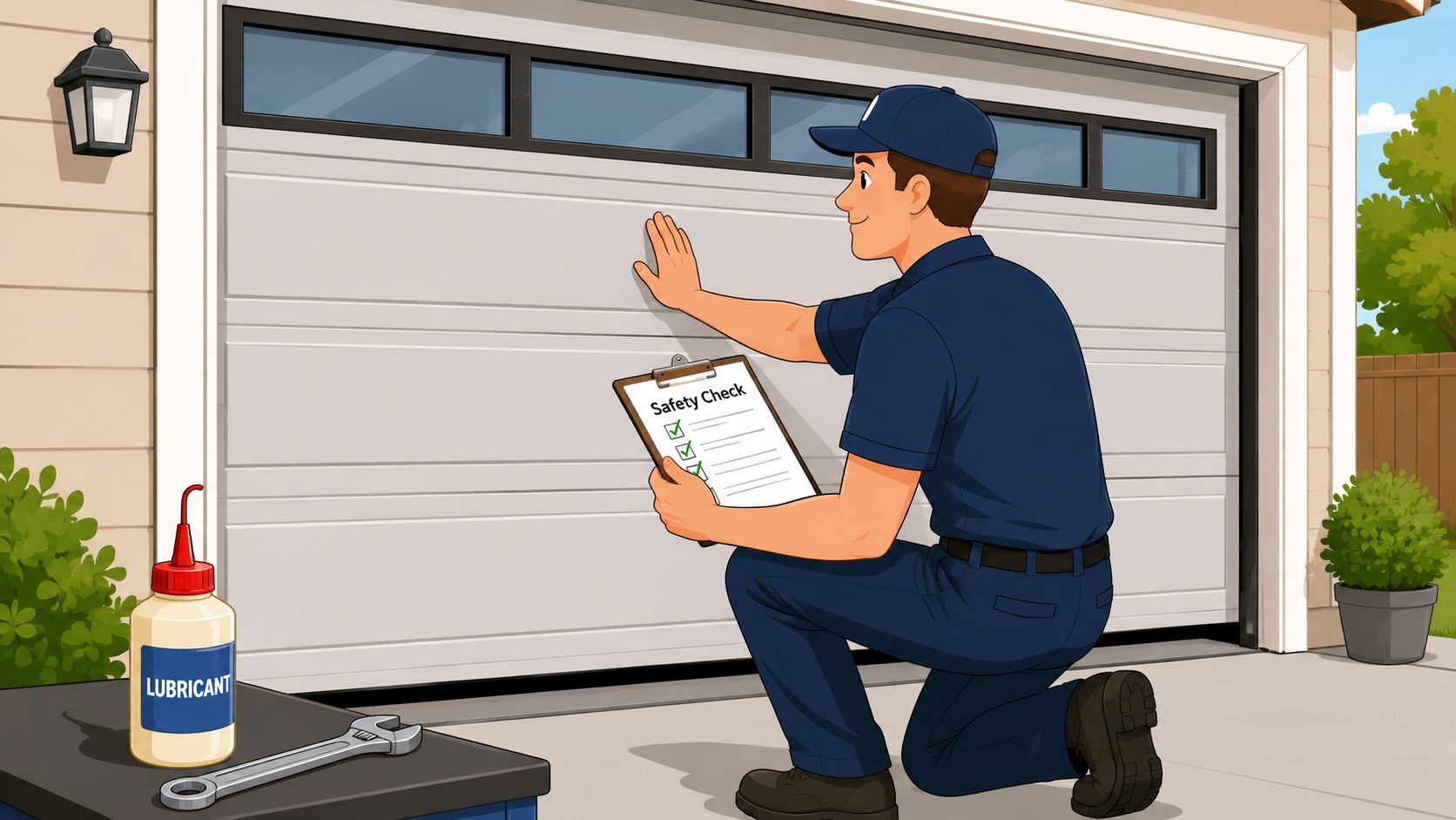 A professional technician kneeling to perform a safety check on a residential garage door with tools nearby.