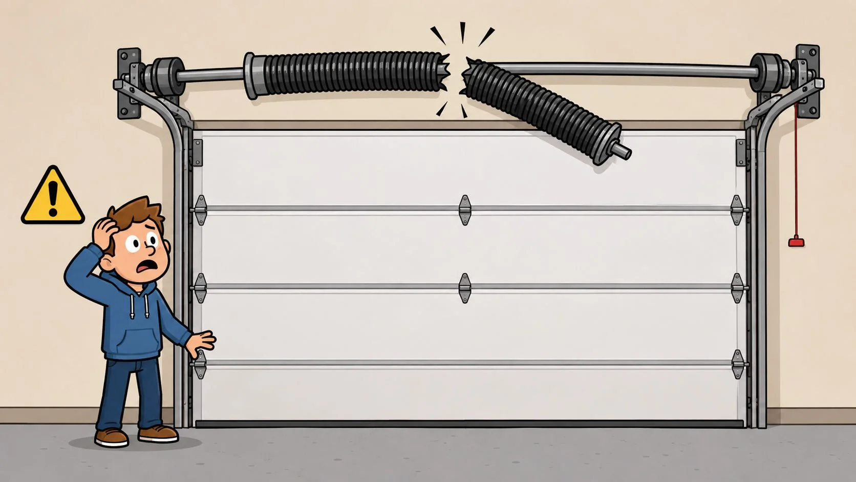 A man looking shocked at a broken garage door torsion spring inside a garage.