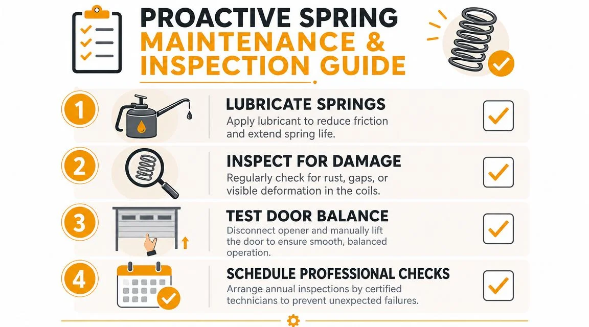 An infographic titled Proactive Spring Maintenance and Inspection Guide showing four essential tips for garage doors.
