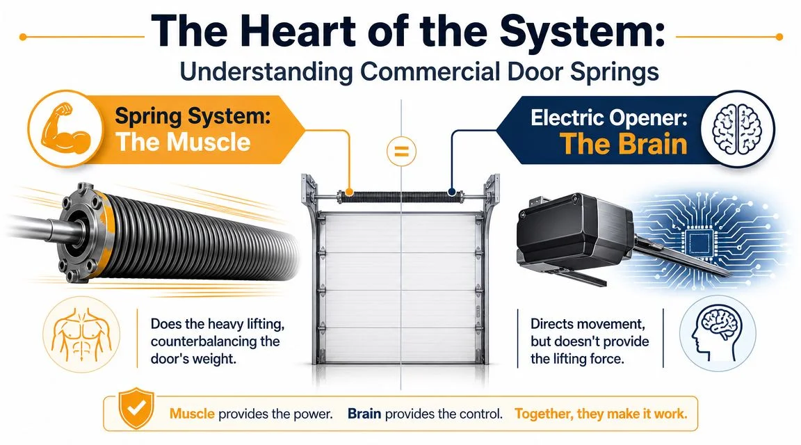 An educational infographic comparing the roles of garage door springs and electric openers in commercial door systems.