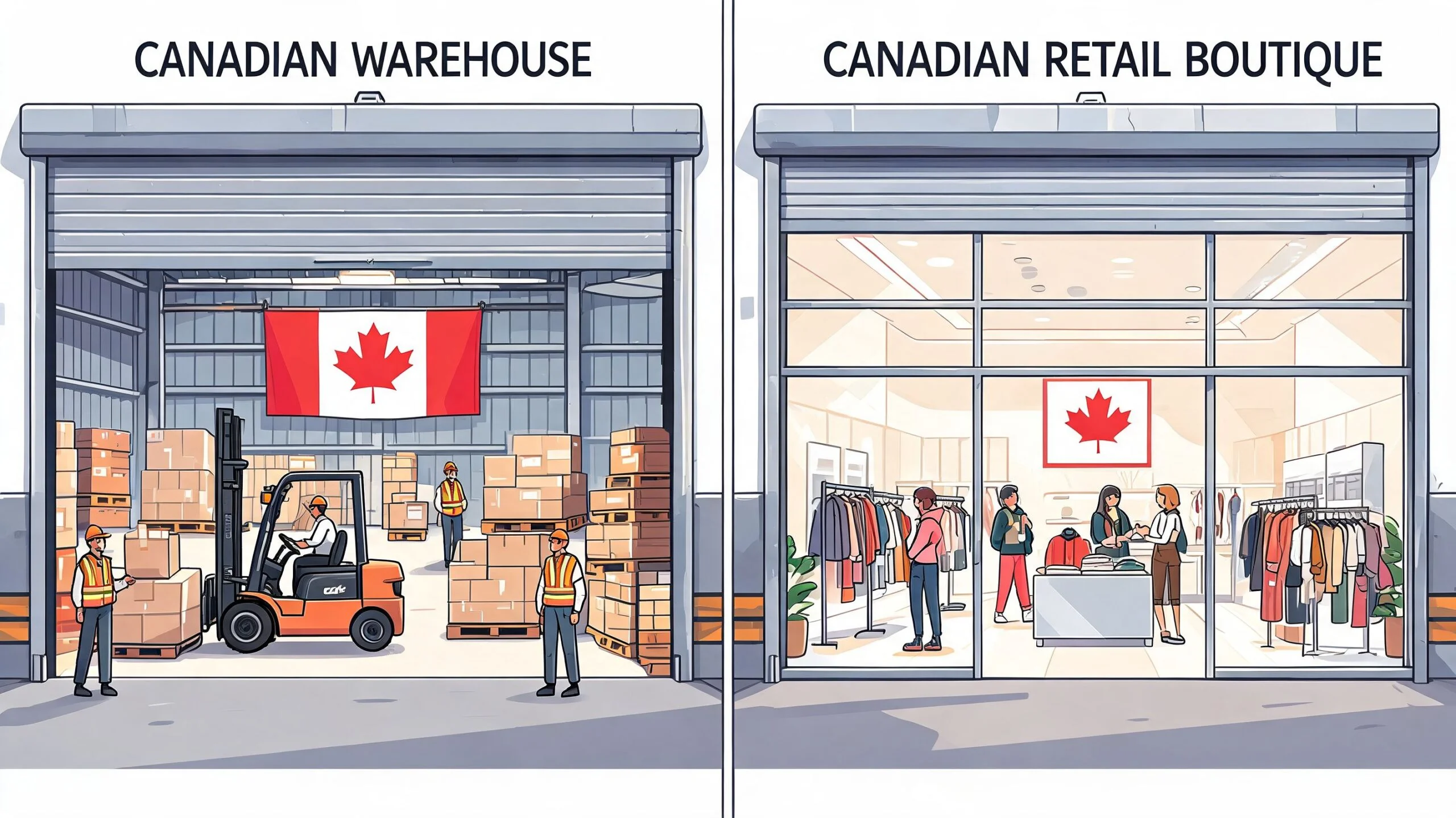 A split-screen illustration showing a Canadian warehouse with forklifts alongside a Canadian retail boutique clothing store.