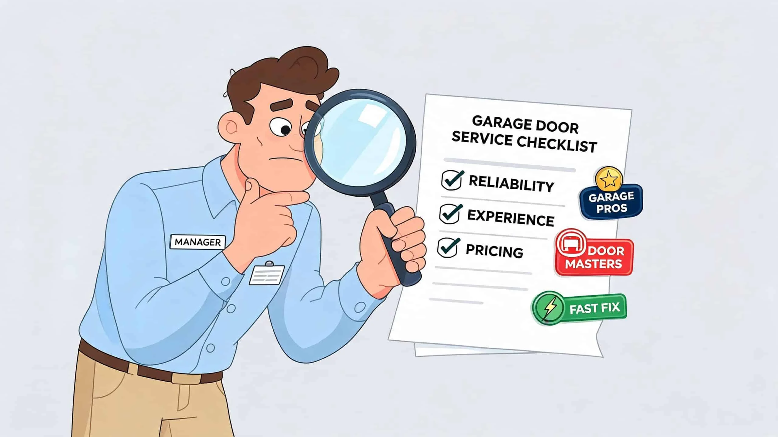 A manager examining a garage door service checklist with a magnifying glass to ensure quality standards.