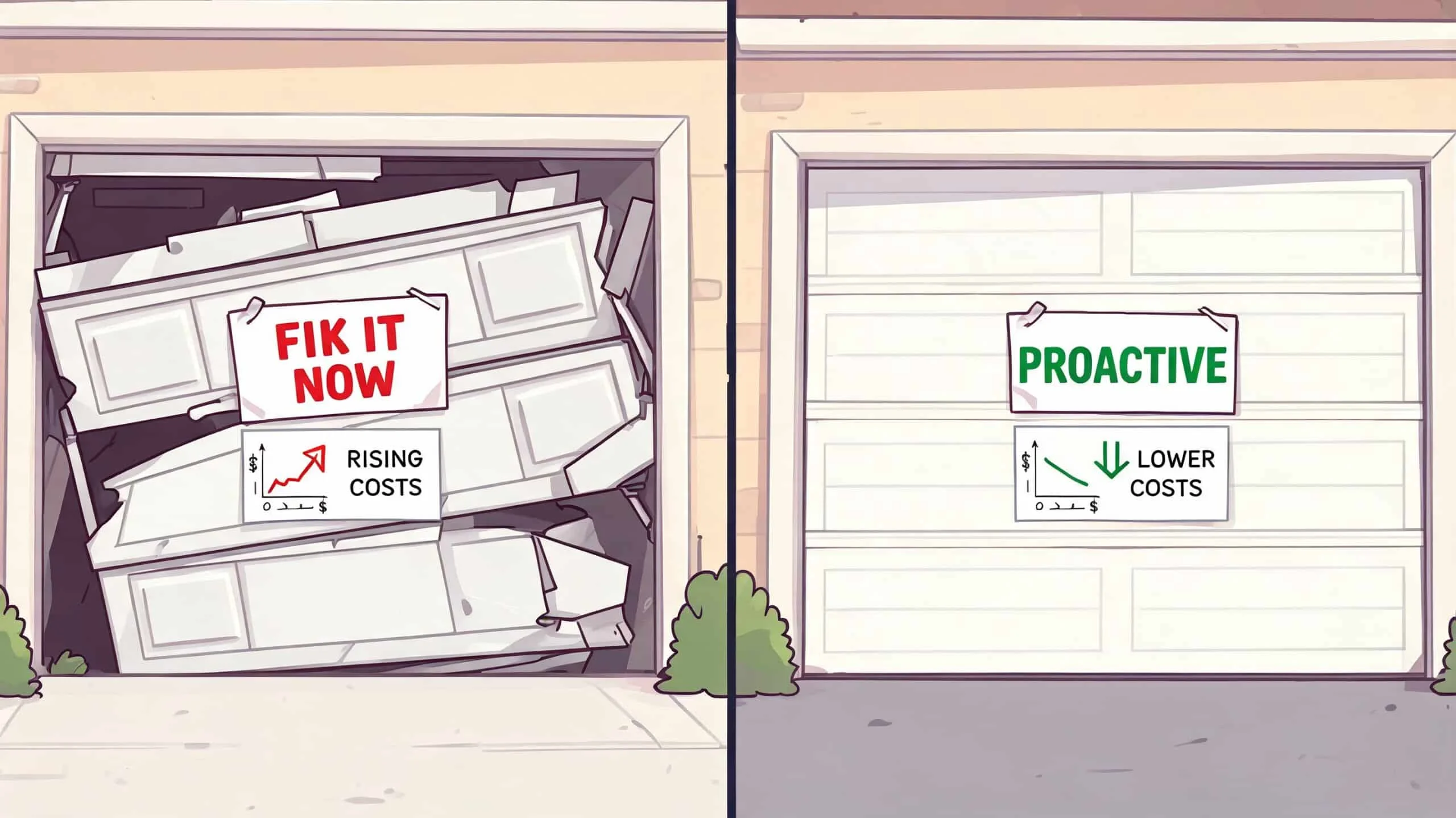 A comparison illustration showing a broken garage door versus a maintained, functional garage door with cost trends.