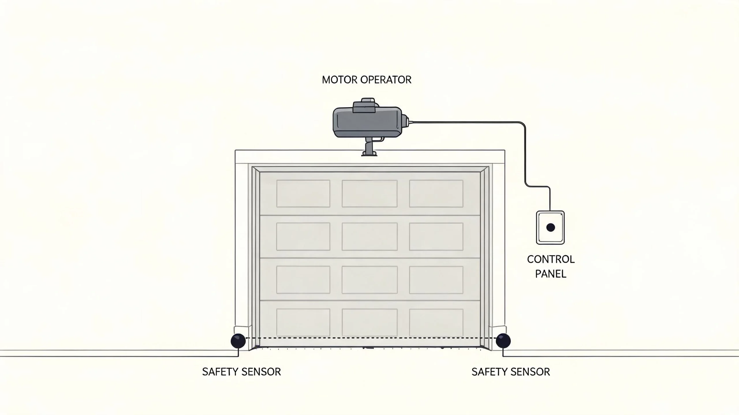 A diagram of an overhead shed door with a motor operator, control panel, and safety sensors installed.