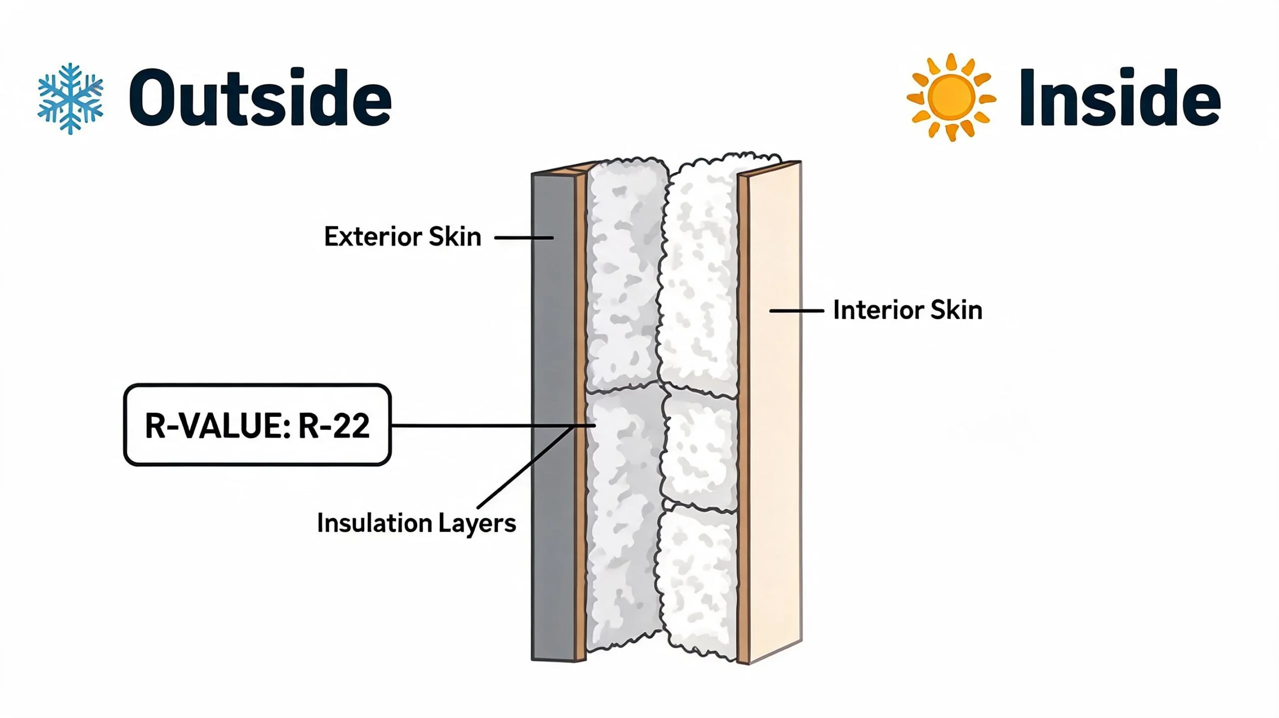 A cross-section diagram of a wall showing exterior and interior skins with R-22 rated insulation layers.