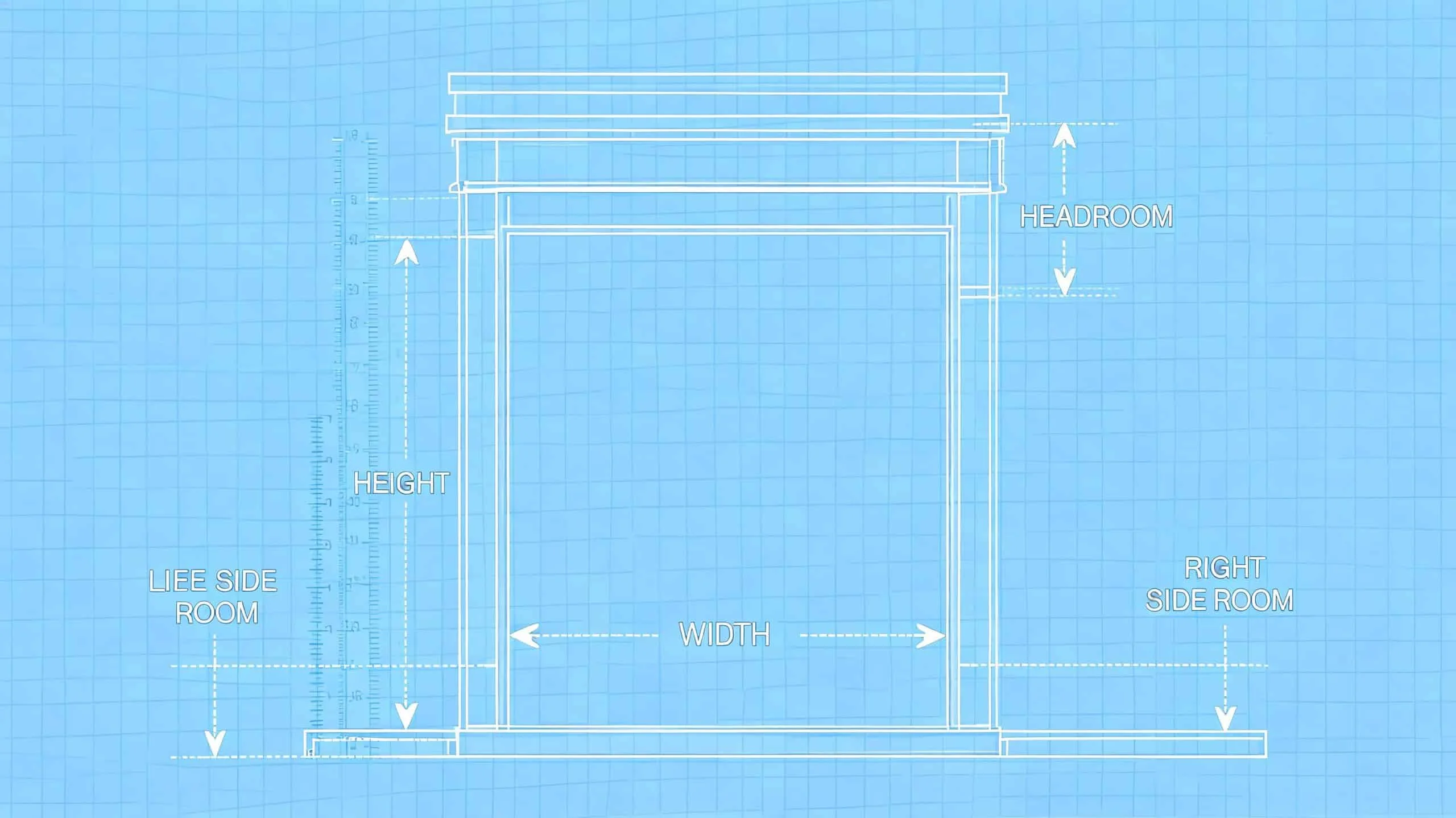A blueprint diagram showing measurement points for an overhead shed door, including height, width, and side room.