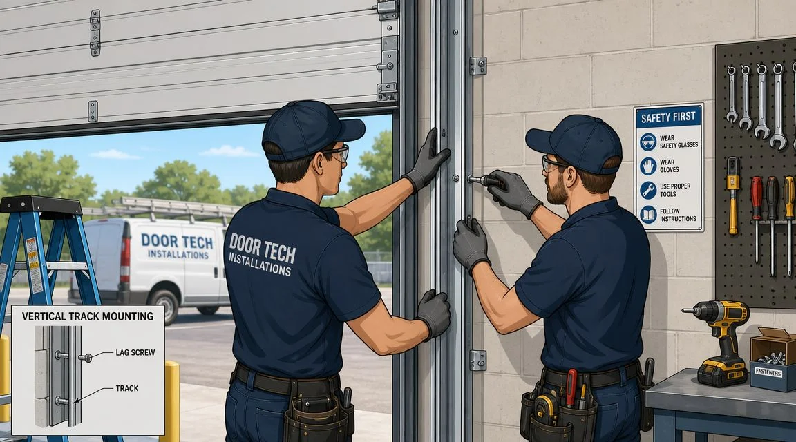 Two professional technicians in uniforms installing a vertical roll-up garage door track on a cinder block wall.