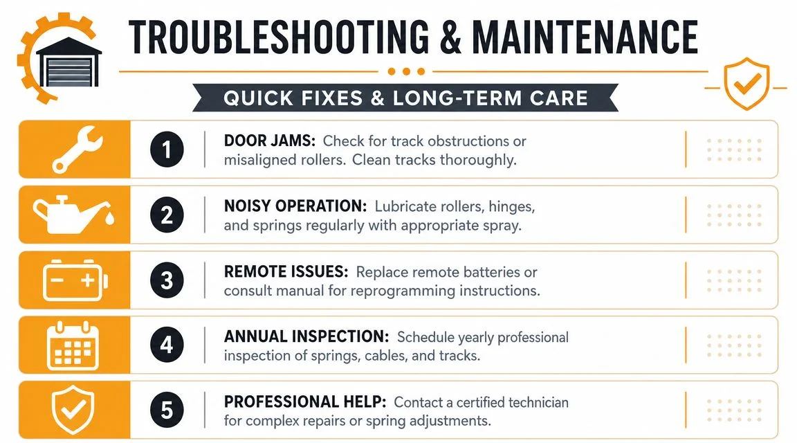 An infographic titled Troubleshooting and Maintenance displaying five essential garage door care tips and repair steps.