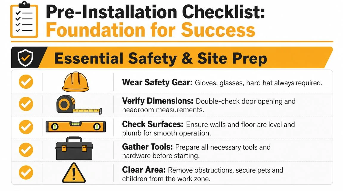 A pre-installation safety checklist for roll-up doors, outlining essential steps including gear, measurements, and work zone preparation.