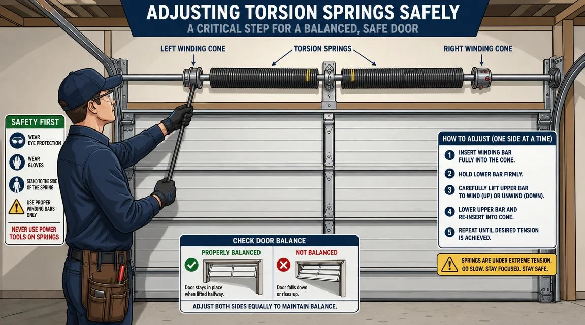 A professional technician demonstrating the safe procedure for adjusting garage door torsion springs with safety instructions.