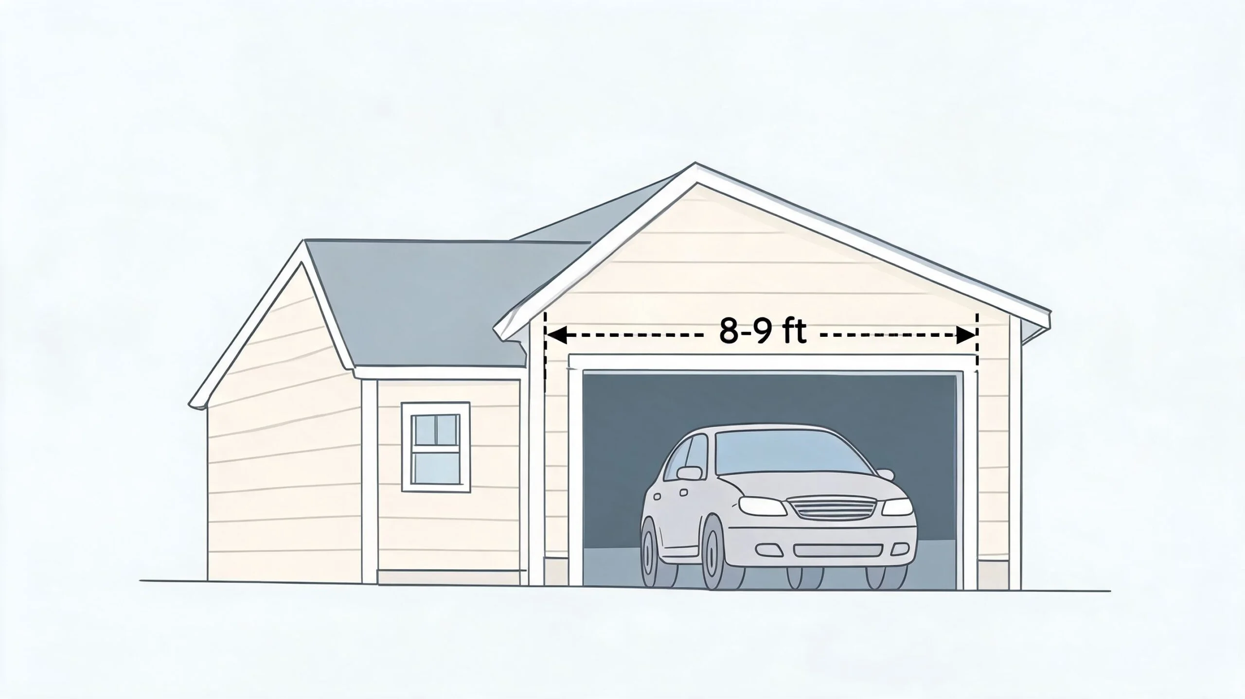 A line drawing showing a standard residential garage with a car inside and an 8 to 9 foot width.