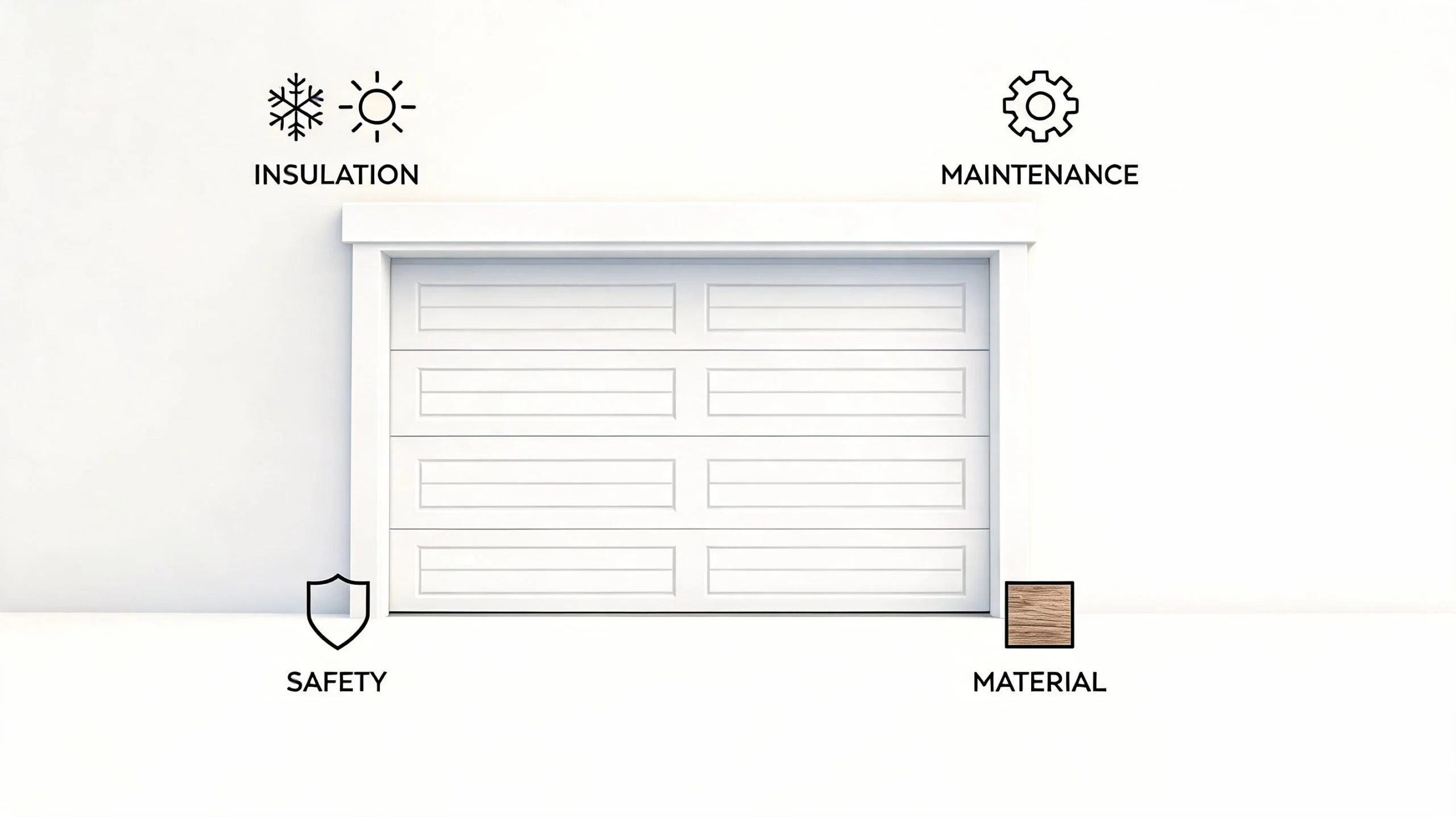 A clean white garage door illustration featuring icons representing insulation, maintenance, safety, and material options.