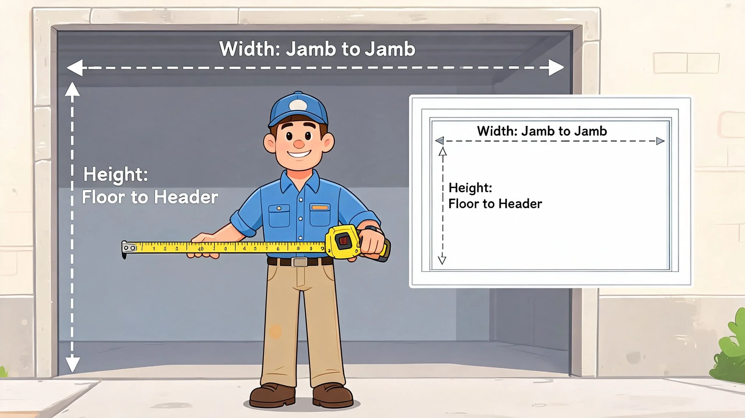 A friendly service technician holding a tape measure in front of a garage door opening, illustrating measuring dimensions.