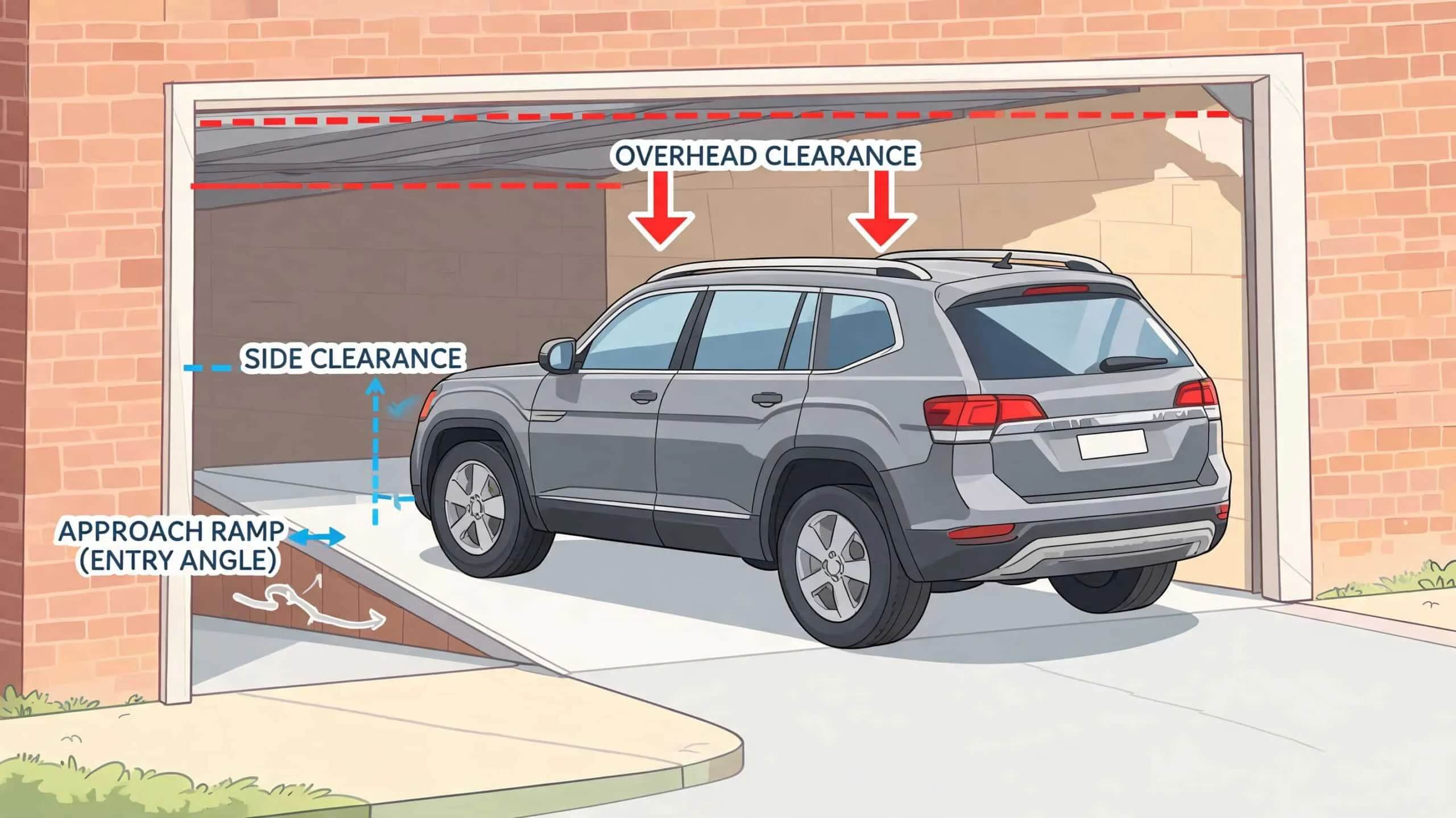 A gray SUV parked in a garage illustrating overhead clearance, side clearance, and entry ramp angle measurements.