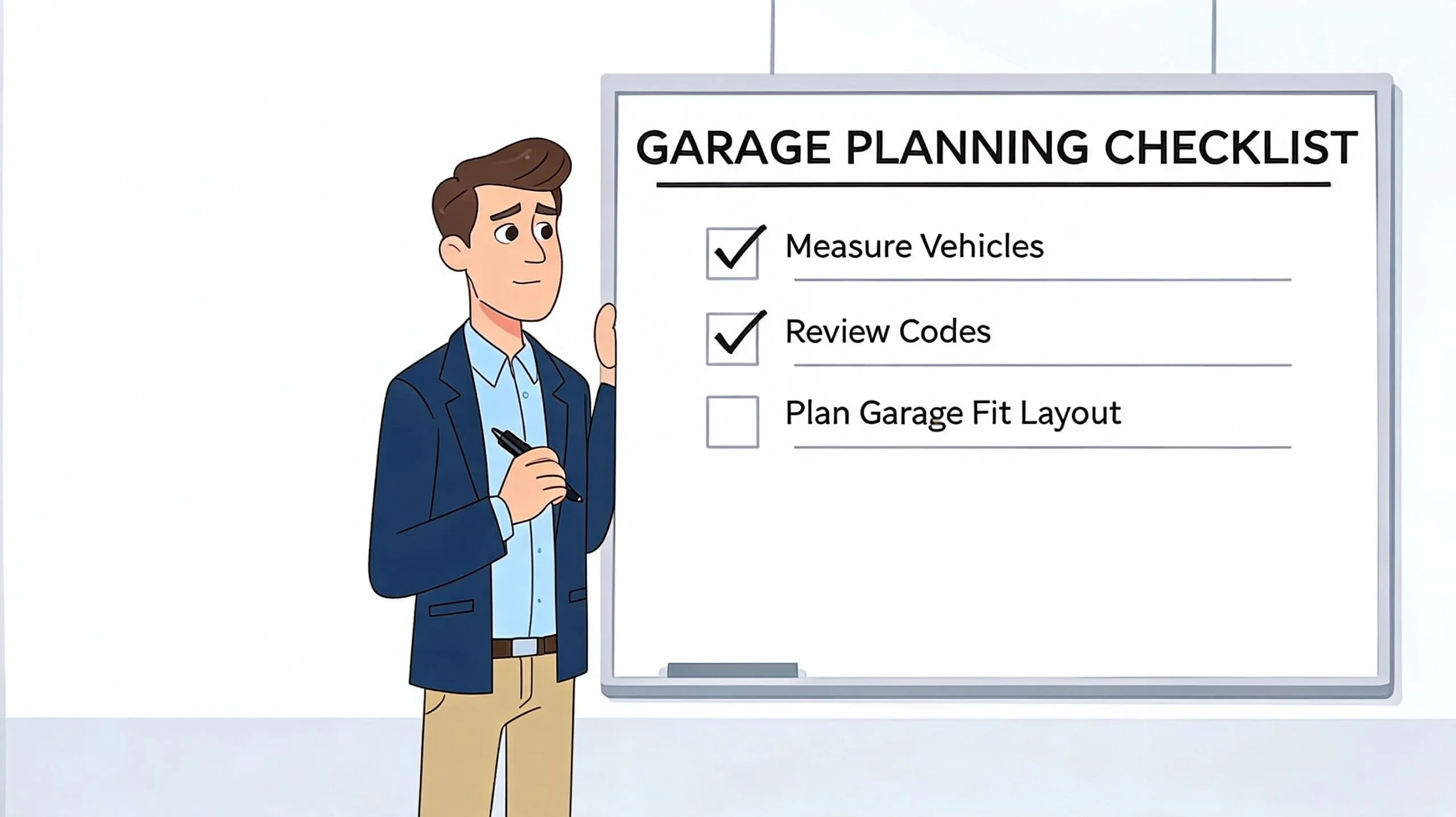 A professional man standing next to a whiteboard displaying a garage planning checklist for home projects.