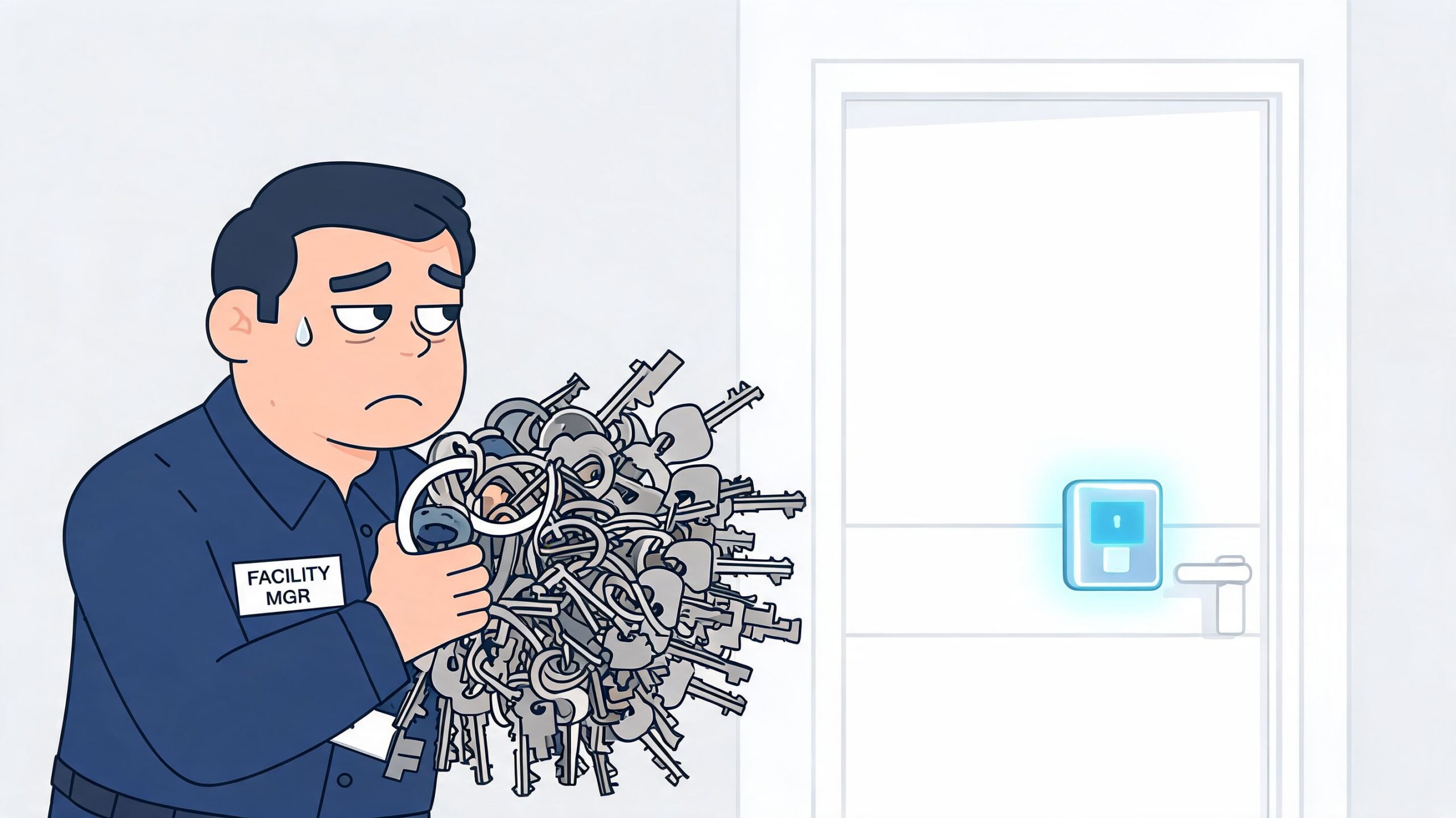 A stressed facility manager holding a large, chaotic ring of metal keys while standing before a modern door.