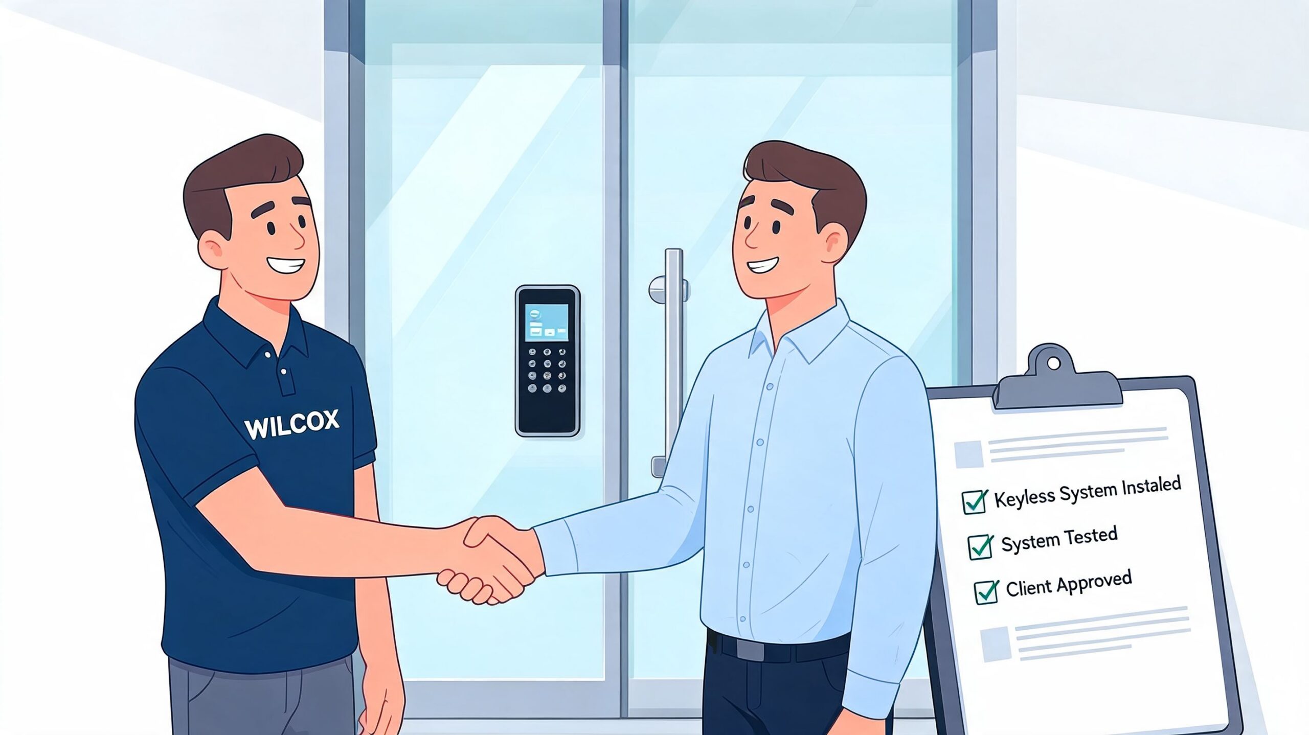 A professional technician shaking hands with a satisfied client after installing a modern keyless access system.