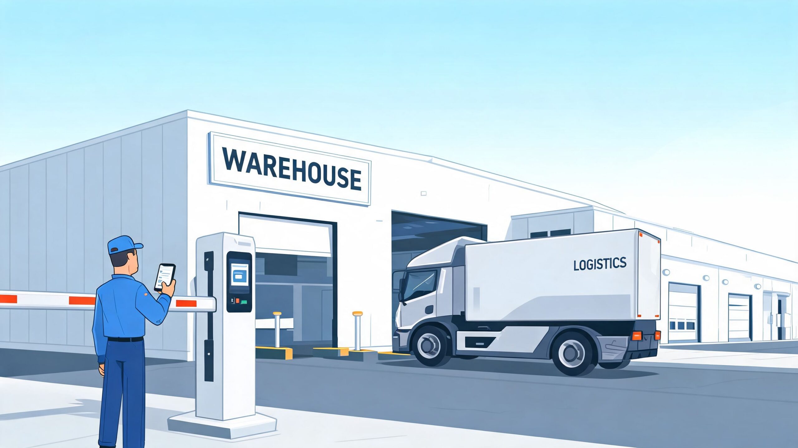 A warehouse security guard checks his smartphone at an automated access control gate for logistics trucks.