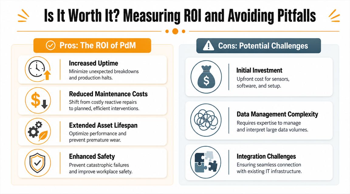 An infographic comparing the benefits and challenges of implementing predictive maintenance for industrial equipment and systems.