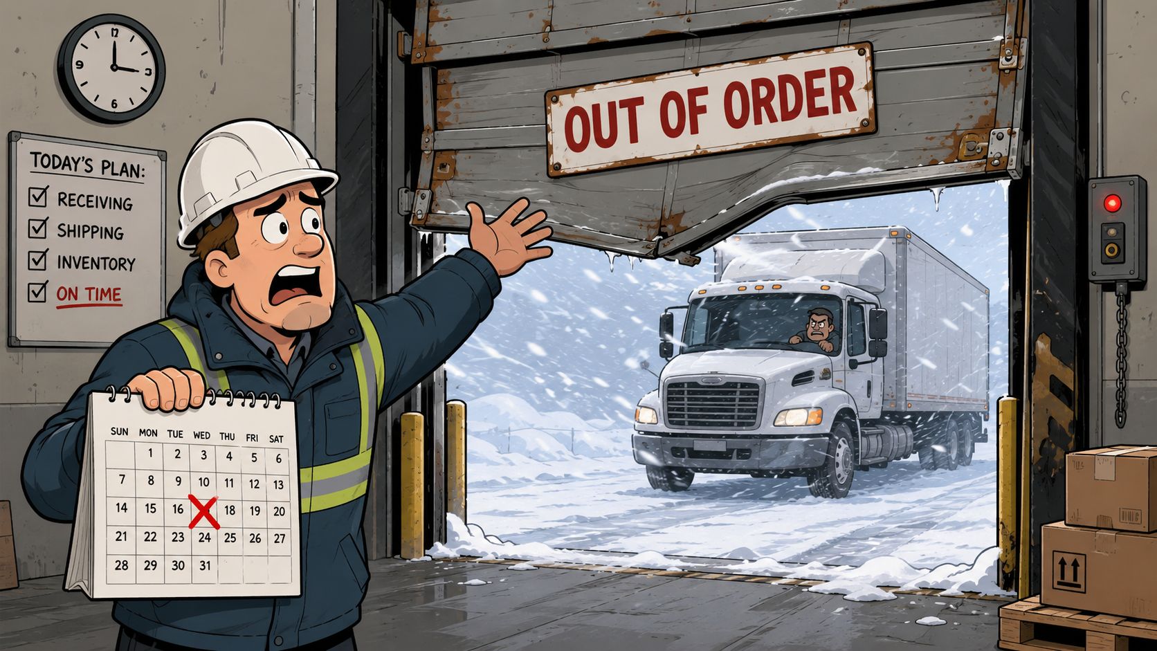 A warehouse worker looking distressed as a truck waits outside a loading dock marked as out of order.