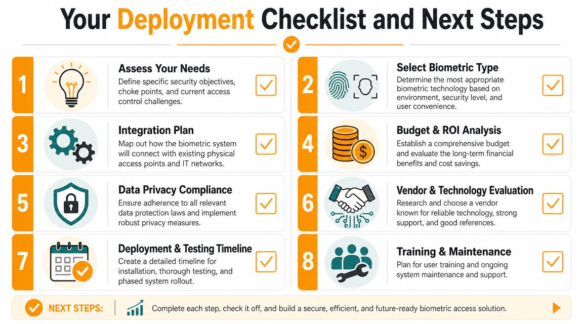 An eight-step infographic checklist for planning and implementing a secure biometric access control system deployment.