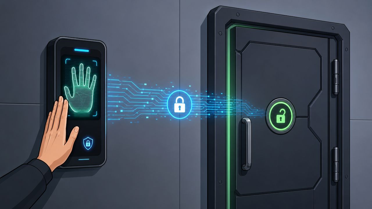 A hand performing a biometric palm scan on a futuristic digital door access control security system.