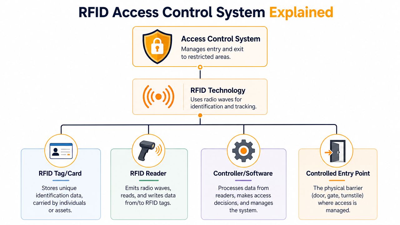 A diagram illustrating the components of an RFID access control system including tags, readers, and software.